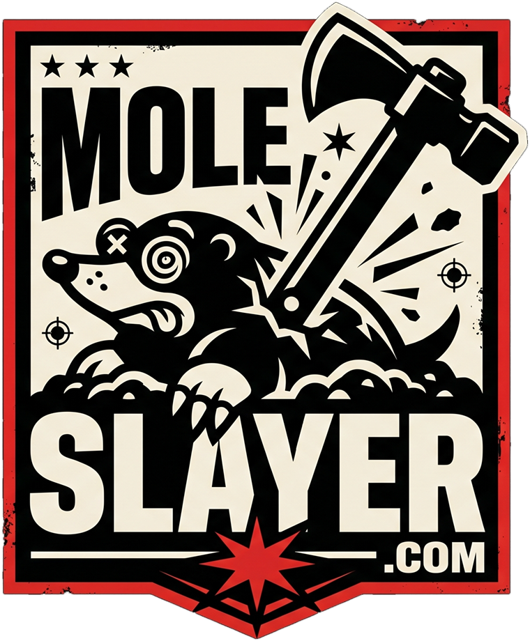 Mole Slayer badge: an axe striking a dazed mole, with MOLESLAYER.COM