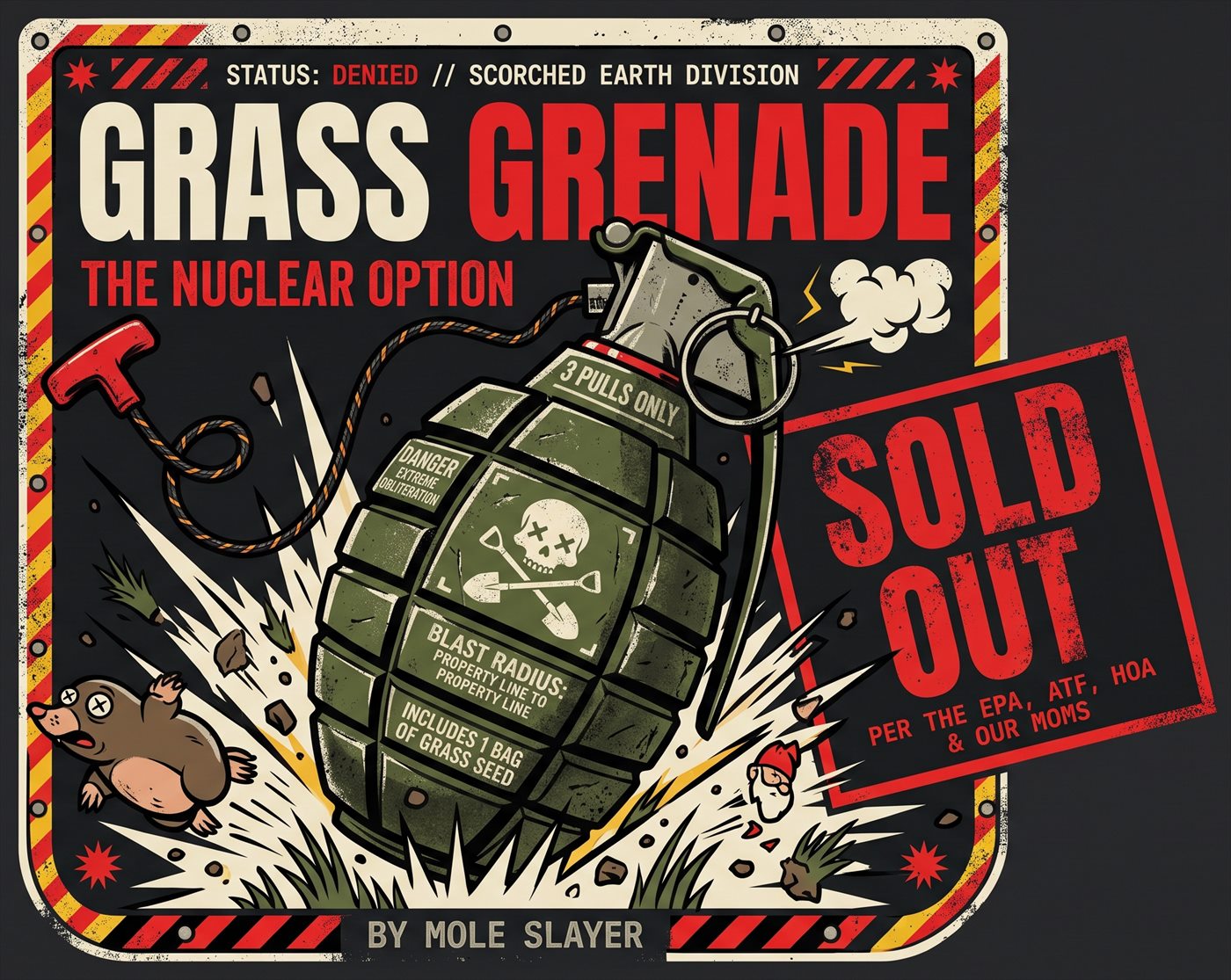Grass Grenade poster: a green grenade with a lawnmower pull-cord blowing up a lawn, a launched mole and gnome, and a red SOLD OUT stamp