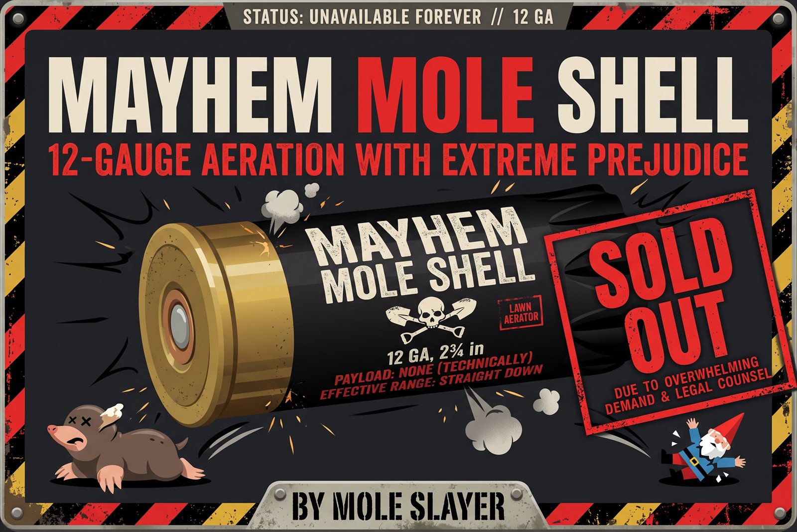 Mayhem Mole Shell poster: a matte black 12-gauge shell labeled Lawn Aerator, a knocked-out mole and gnome, and a red SOLD OUT stamp