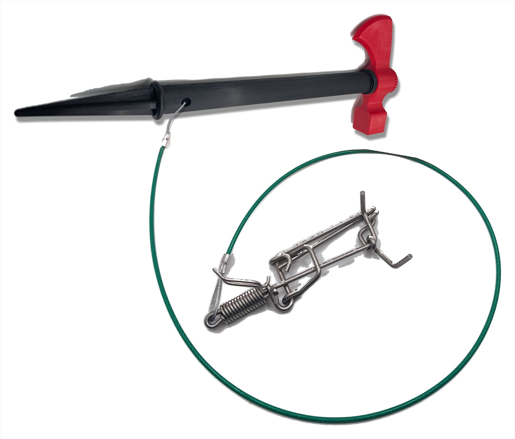 The Molehawk with its steel lanyard running from the shaft hole to the spring-steel kill trap