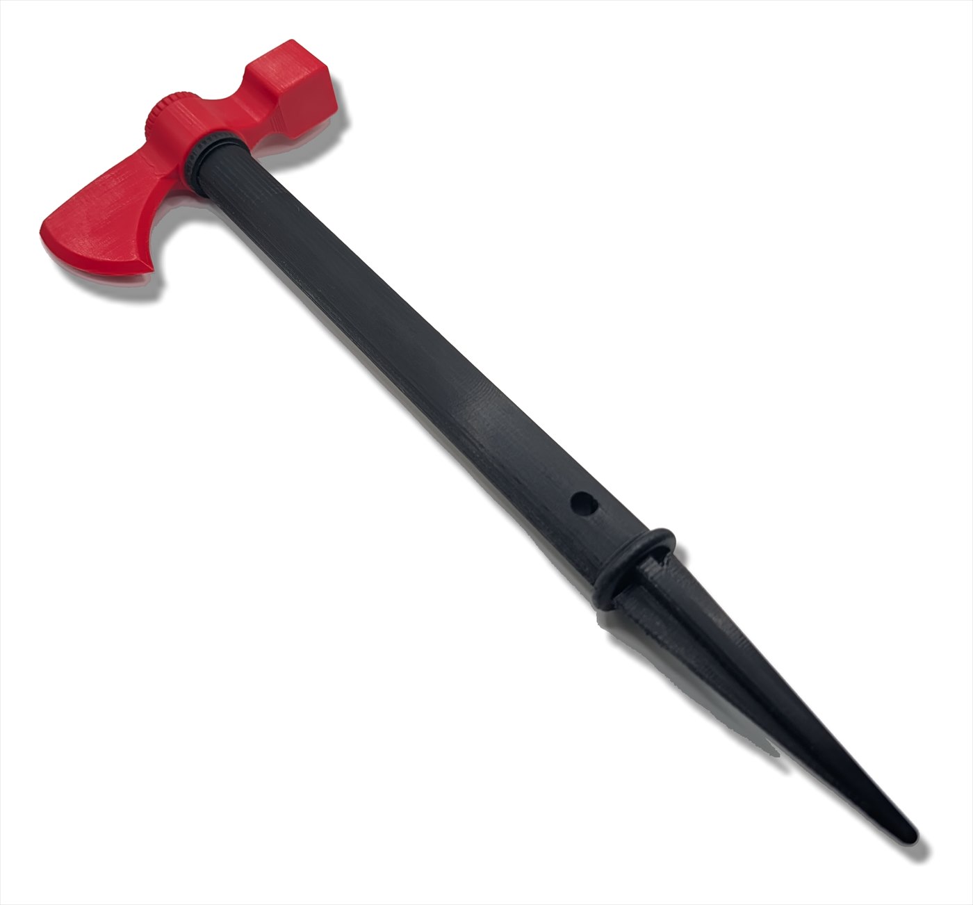 The Molehawk: red tomahawk head on a black spiked shaft